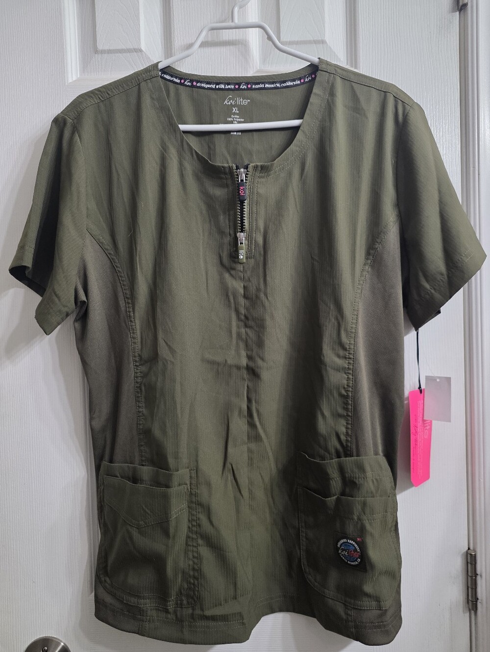NWT Koi Lite Serenity Double Zipper Scrub Top Olive - Size XL